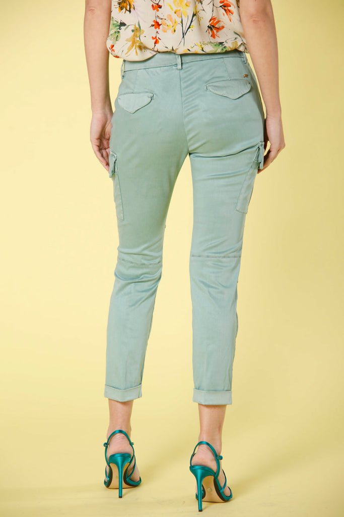 Image 4 of women's cargo pants in mint green colored stretch satin Chile City model by Mason's