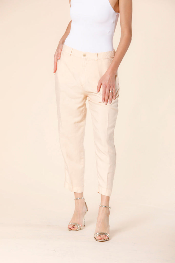 Image 1 of women's chino jogger pants in pastel pink colored tencel and linel mat fabric Linda Summer model by Mason's 