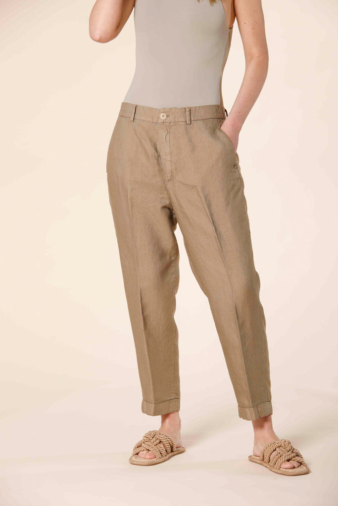 Image 1 of women's chino jogger pants in taupe colored tencel and linel mat fabric Linda Summer model by Mason's 