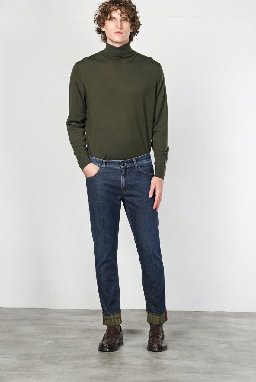 Harris pantalone 5 tasche uomo in denim fantasia galles slim fit