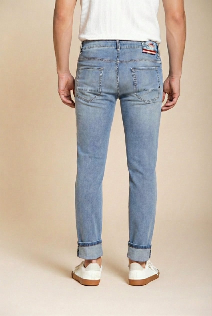 Harris pantalone 5 tasche uomo in denim lavaggio chiaro stampa Hawaii slim fit