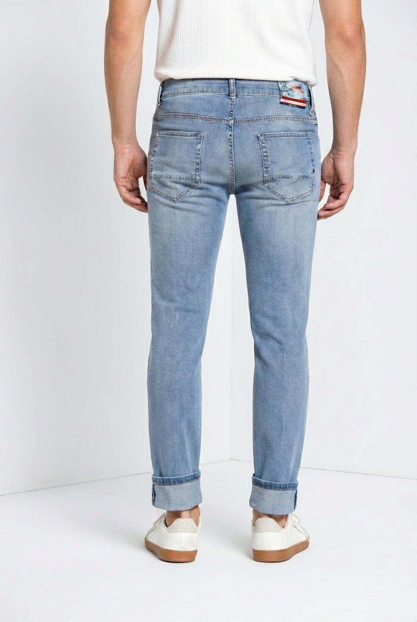 Harris pantalón 5 bolsillos hombre en denim lavado claro estampado Hawaii slim fit