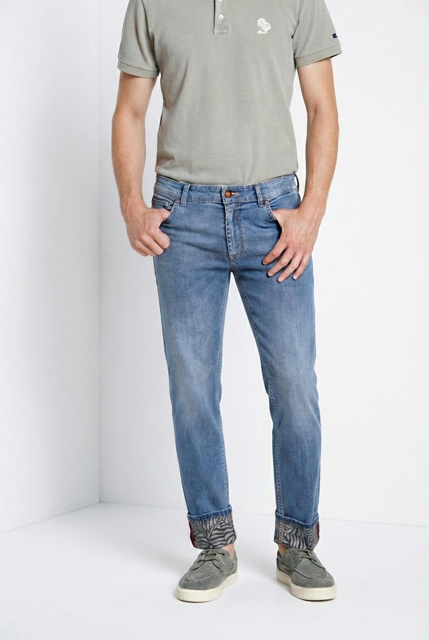 Harris pantalone 5 tasche uomo in denim con stampa foglie regular fit