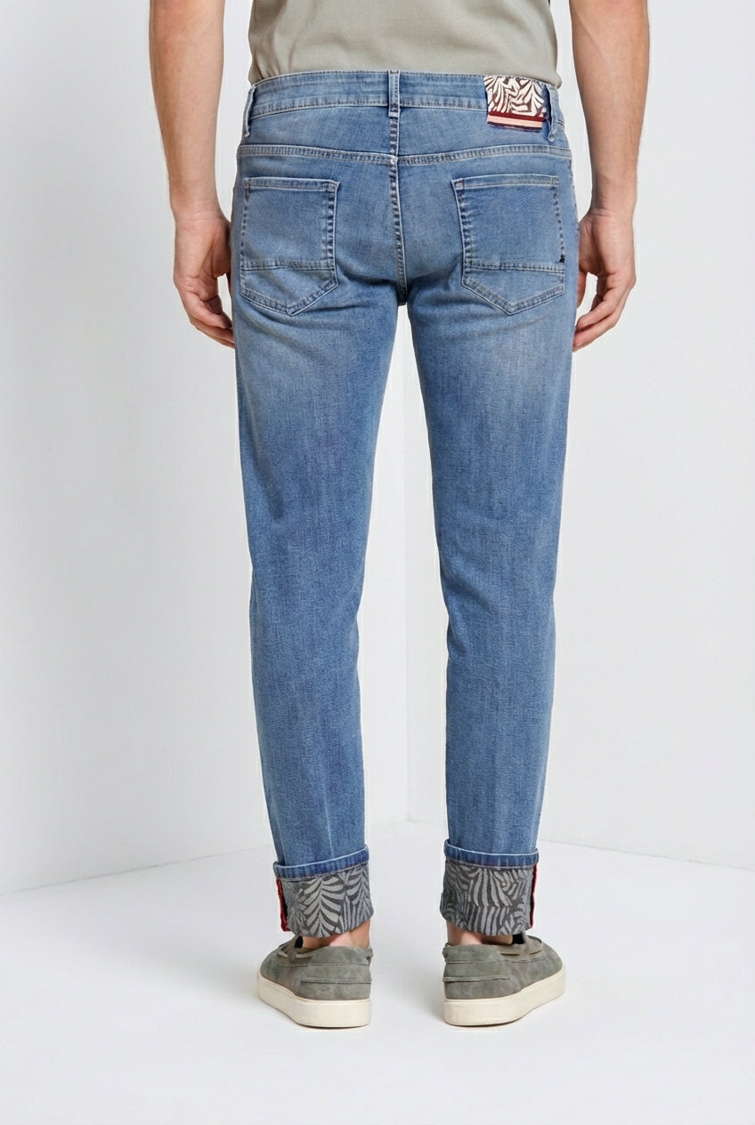 Harris pantalone 5 tasche uomo in denim con stampa foglie regular fit