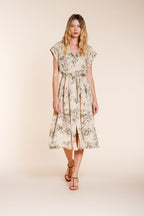 Yoko women's dress in linen and viscose blend canvas floral pattern