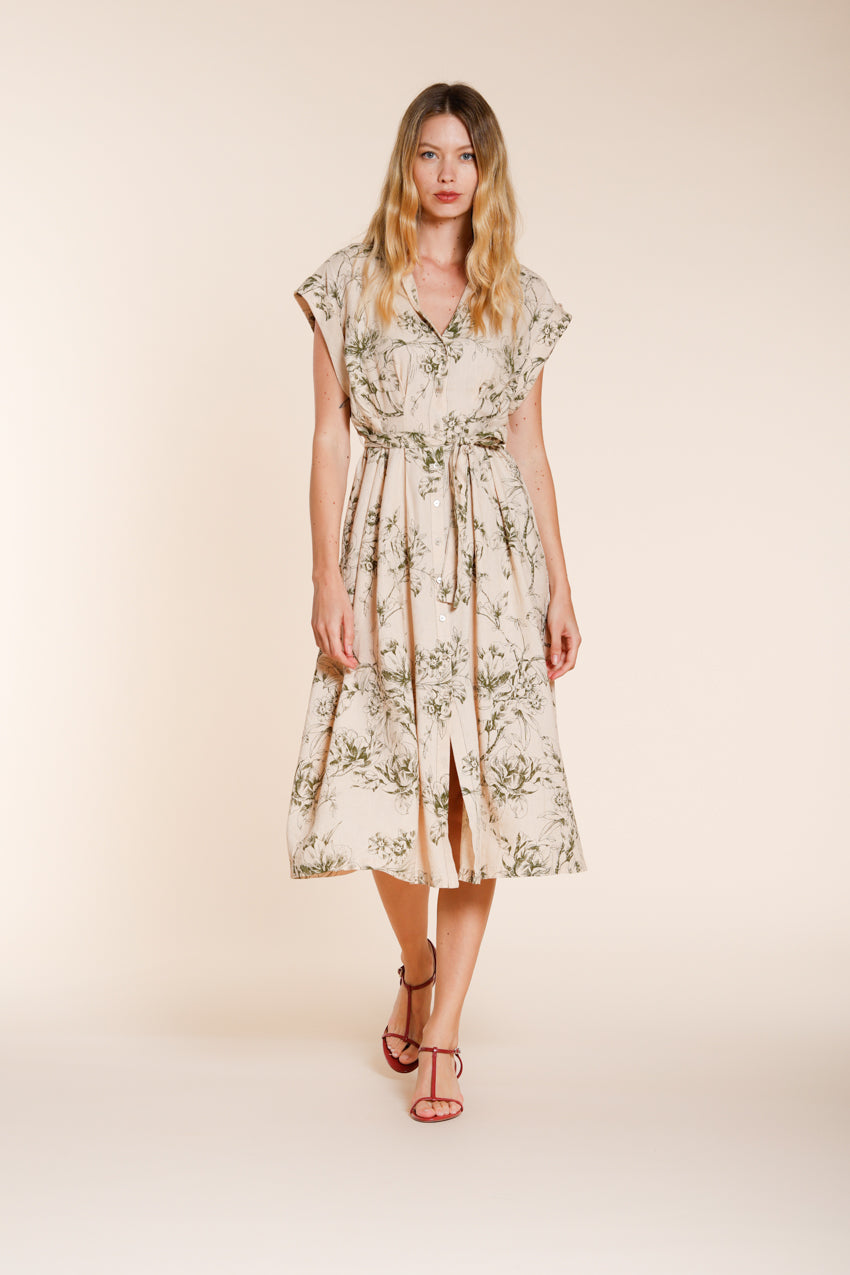 Yoko women's dress in linen and viscose blend canvas floral pattern