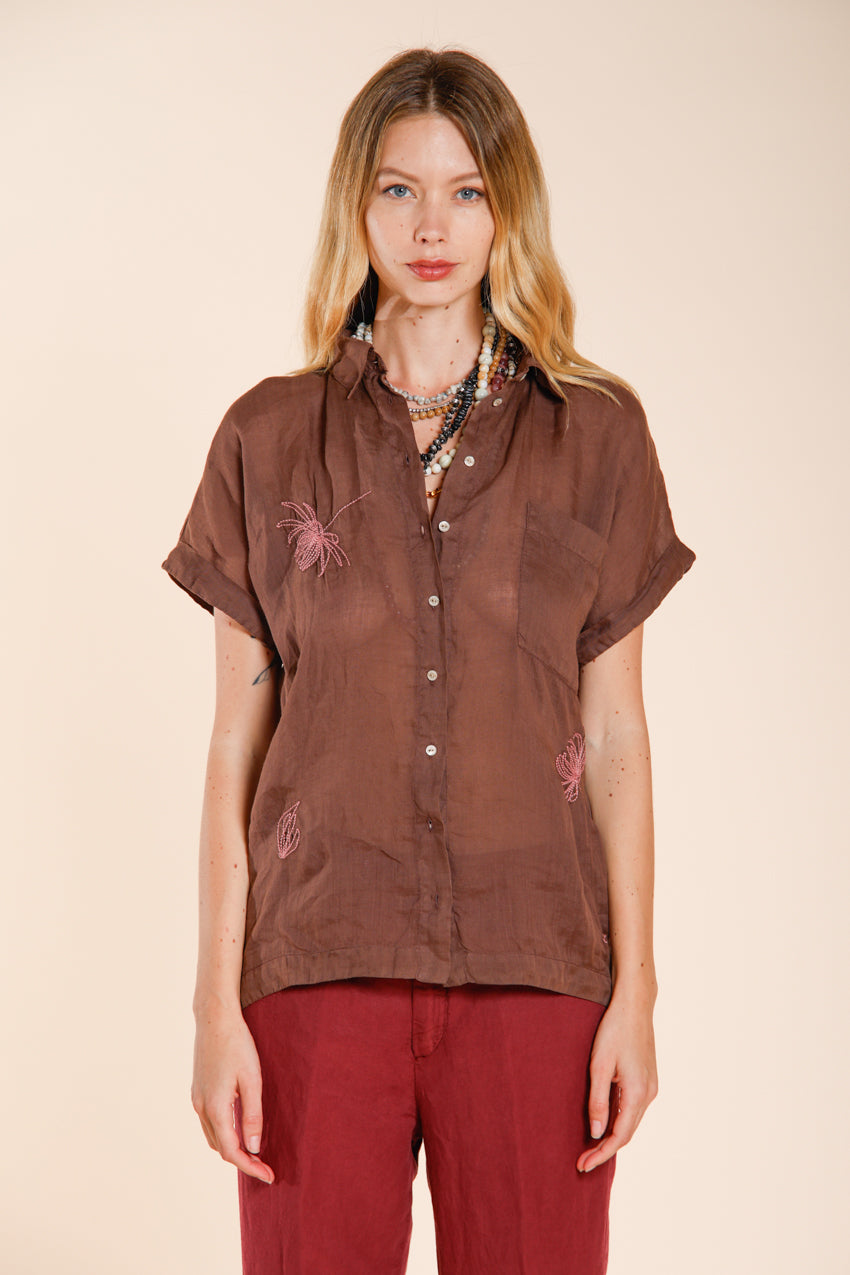 Livia chemise femme à manches courtes en ramie broderie fleurs