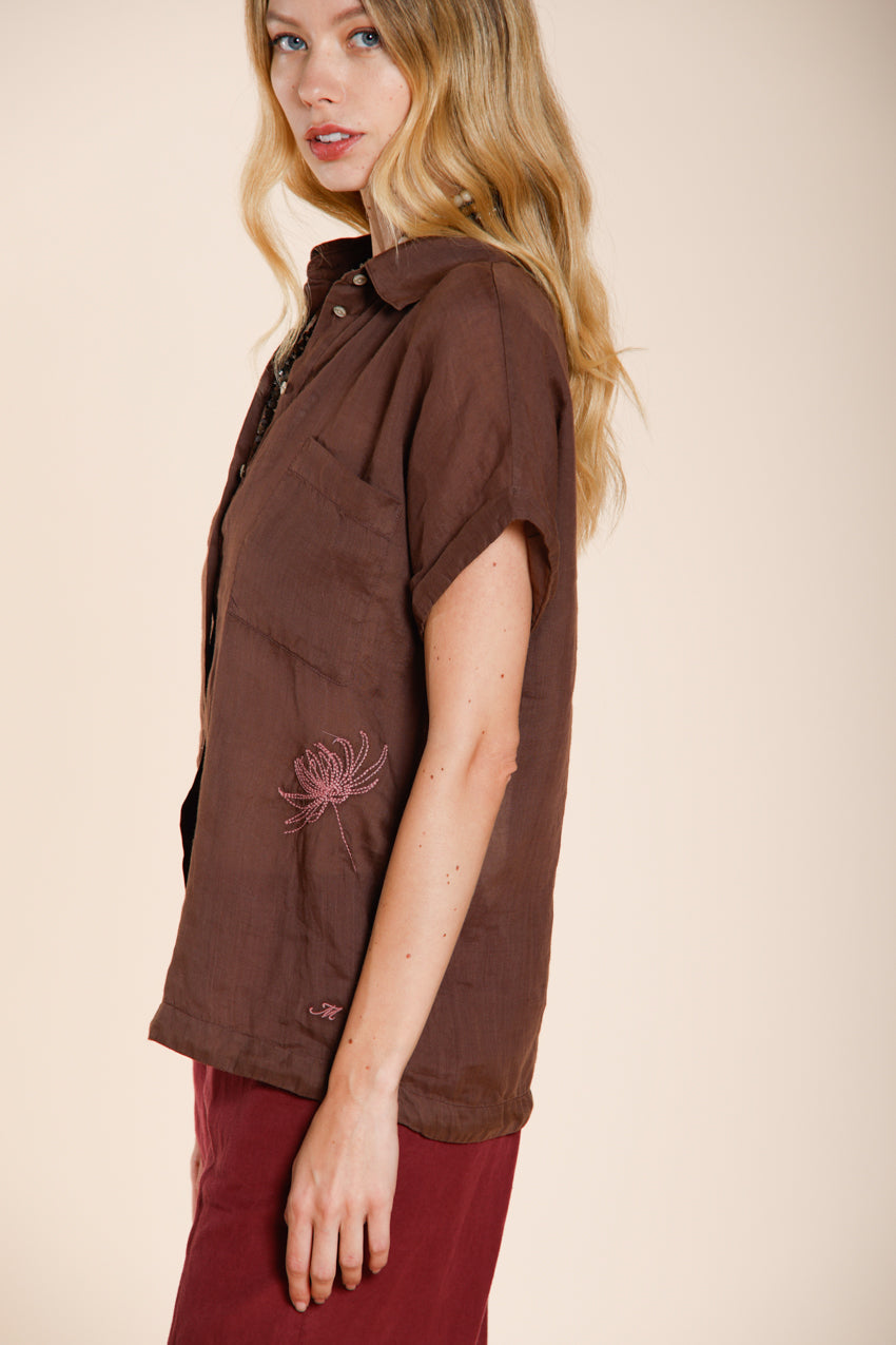 Livia women's shirt short sleeve in ramie flower embroidery