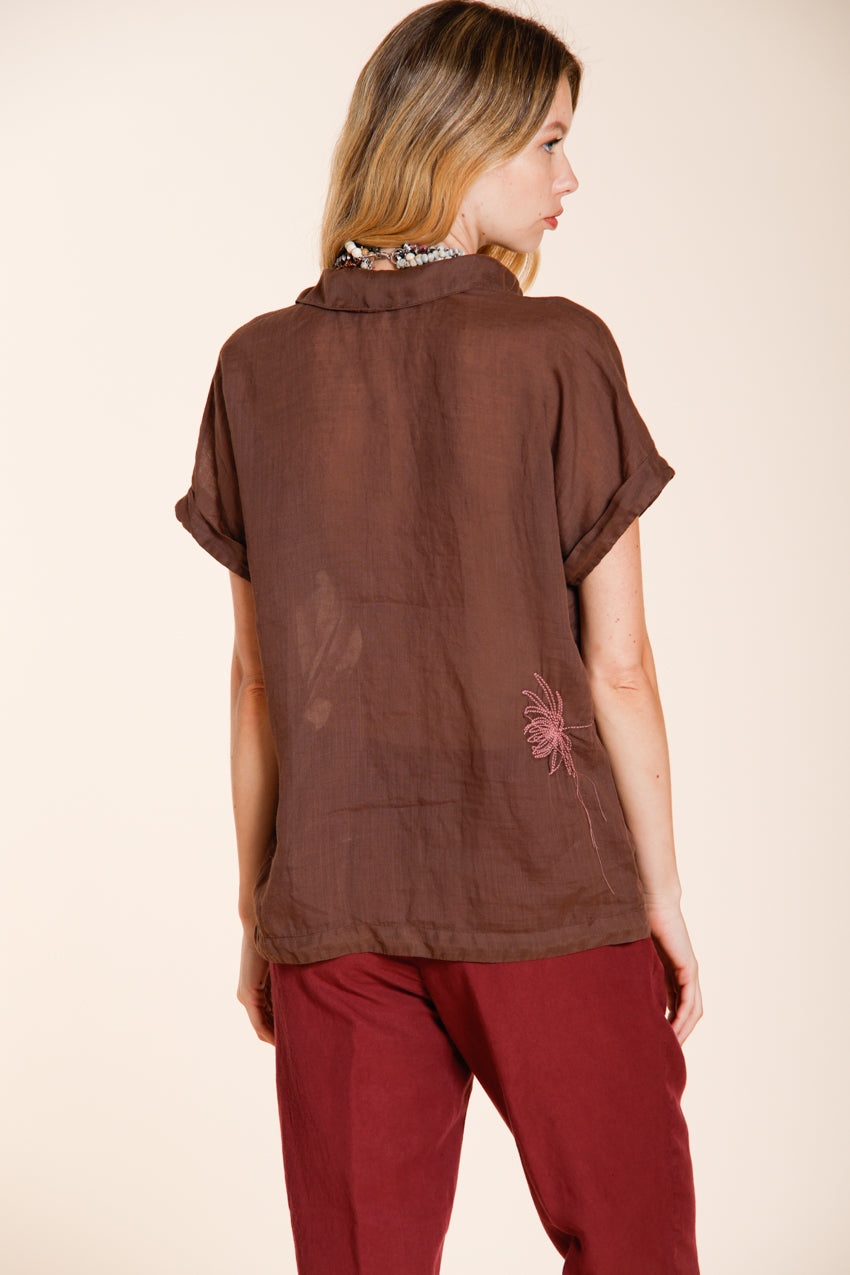 Livia chemise femme à manches courtes en ramie broderie fleurs