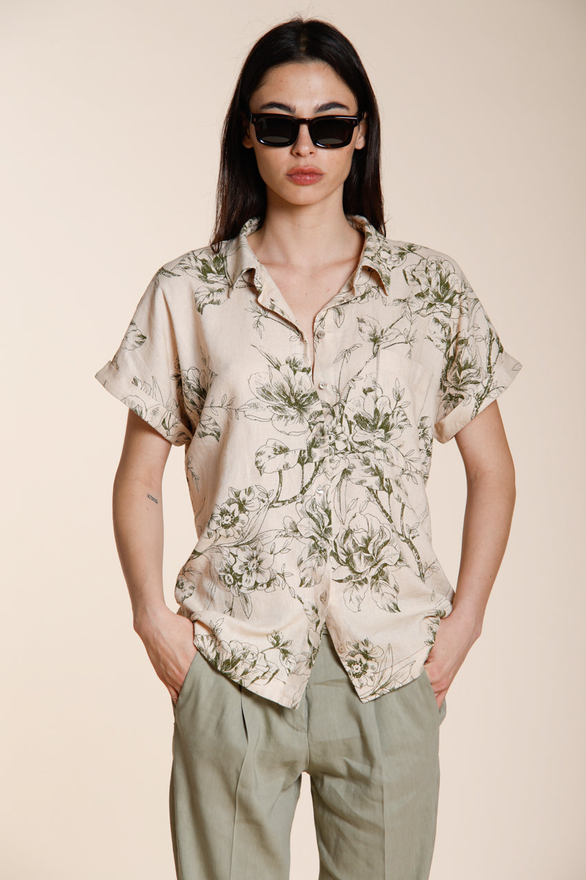 Livia women's shirt short sleeve in linen and viscose blend canvas floral pattern