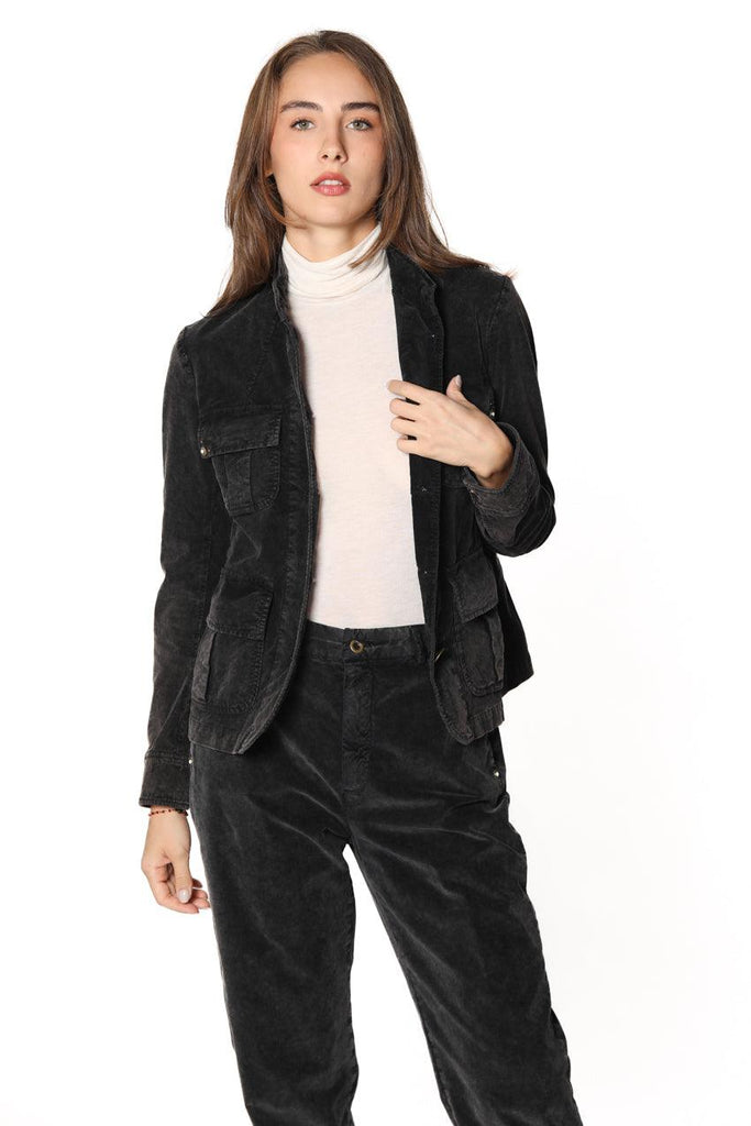 Image 3 of a women's jacket in black 1000 stripe velvet Karen model by Mason's