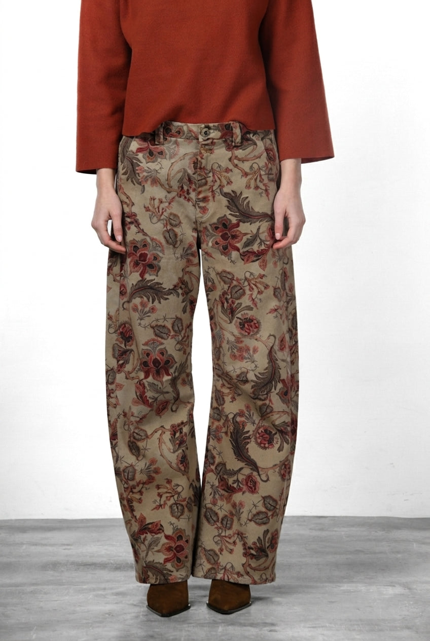Pantalón Chino de Mujer Vivienne City en Tejido Bull con Estampado de Flores Grandes, Fit Balloon
