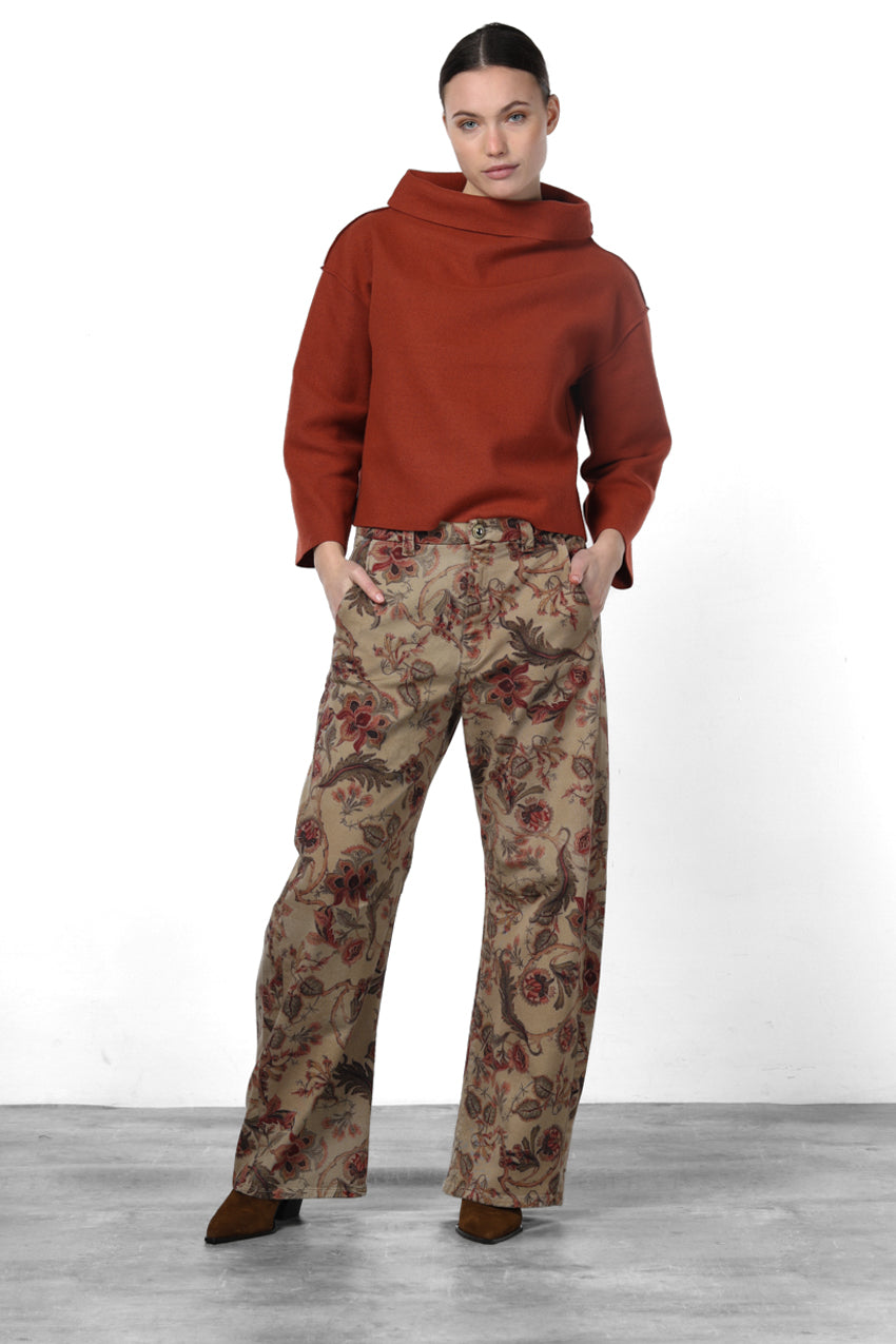 Pantalón Chino de Mujer Vivienne City en Tejido Bull con Estampado de Flores Grandes, Fit Balloon