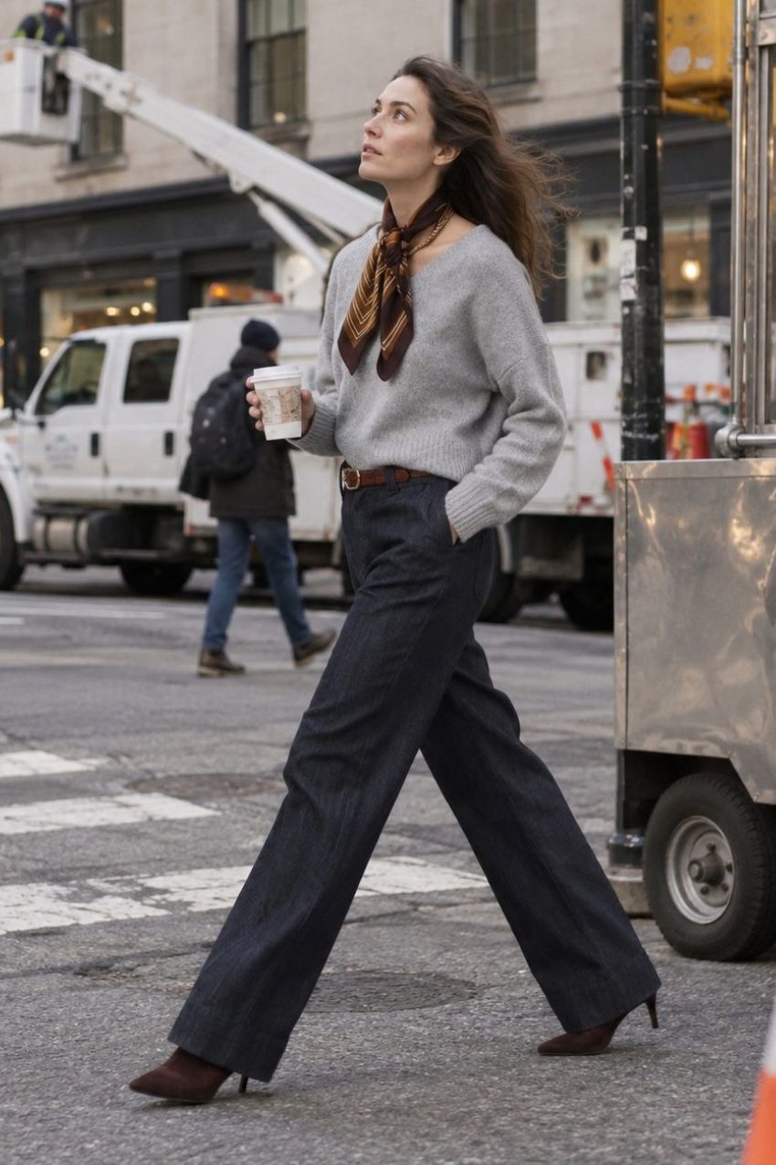 New York Wide pantalon chino 5 poches femme en denim stretch, wide leg