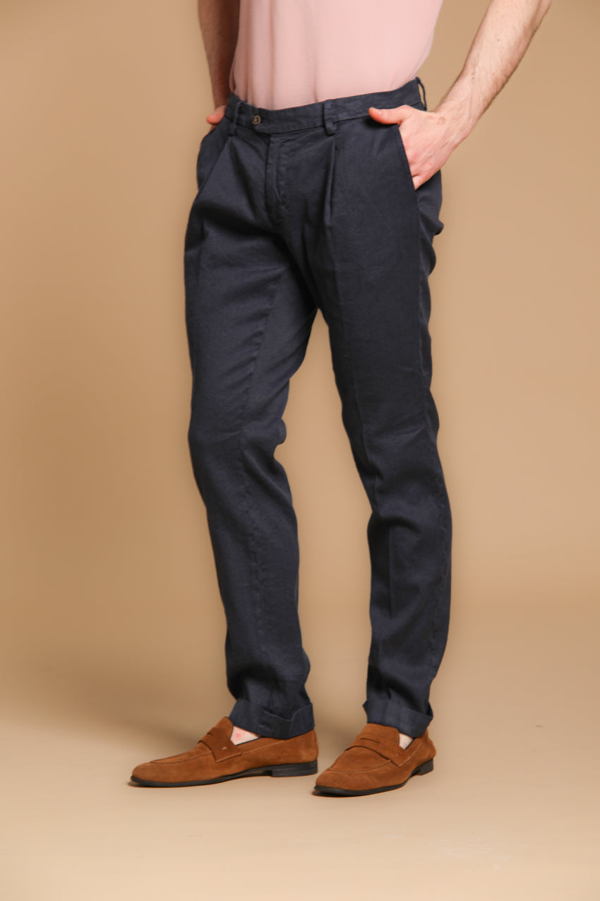 New York Time 1 Pinces pantalón chino para hombre en twill de lino y algodón regular fit