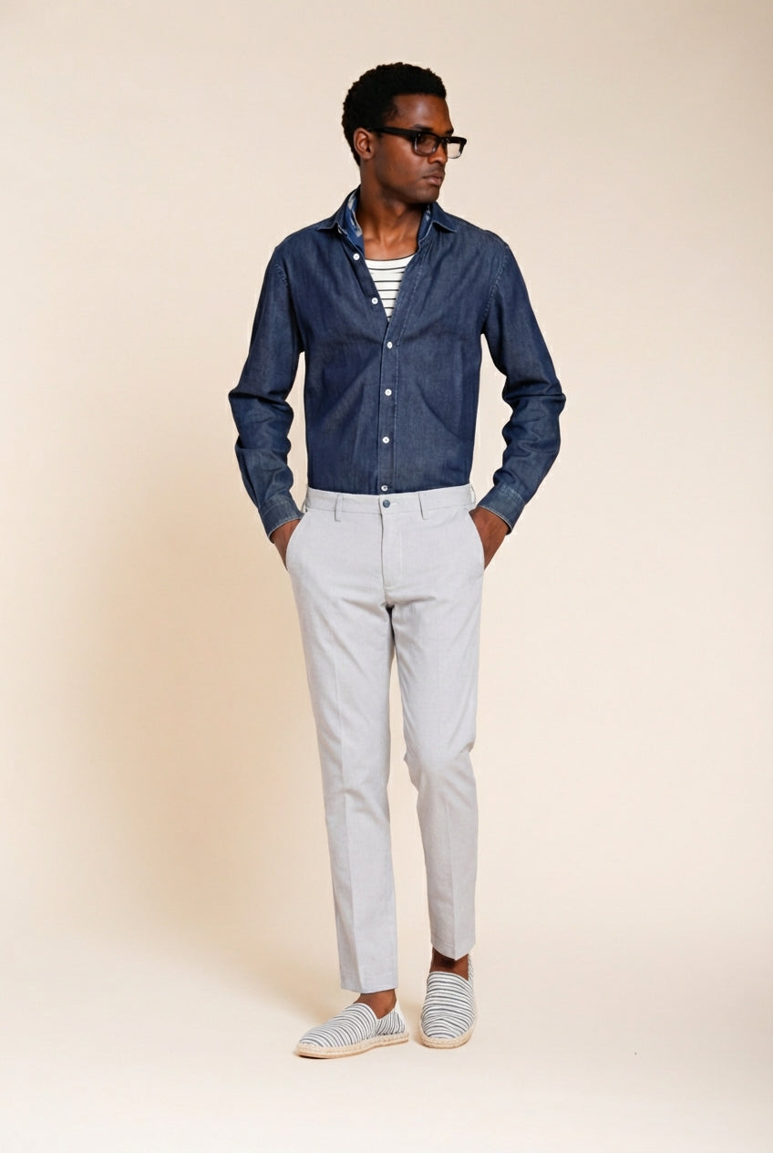 Torino men's chino pants in blue yarn-dyed houndstooth micro-pattern slim fit