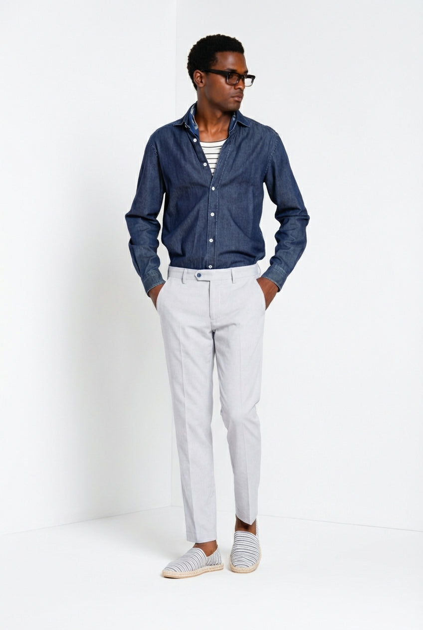 Torino Hose Chino Herren aus garngefärbtem Hahnentritt-Mikromuster blau slim fit