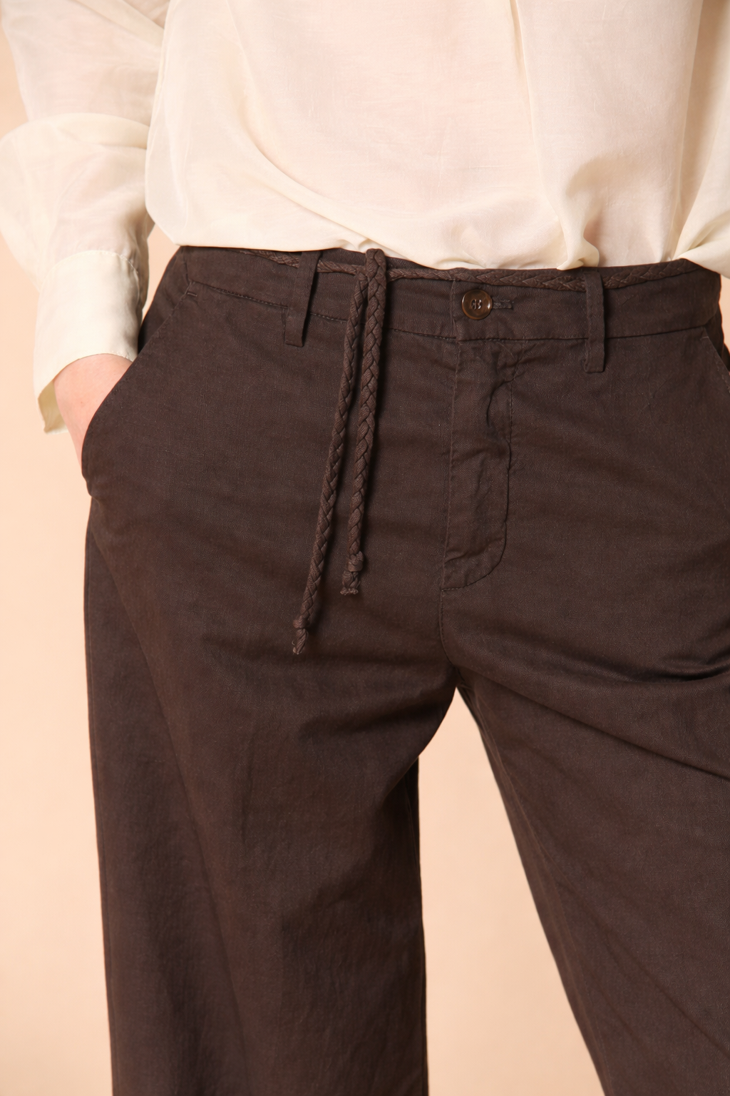 New York Studio pantalon chino femme en sergé de coton et lin wide leg