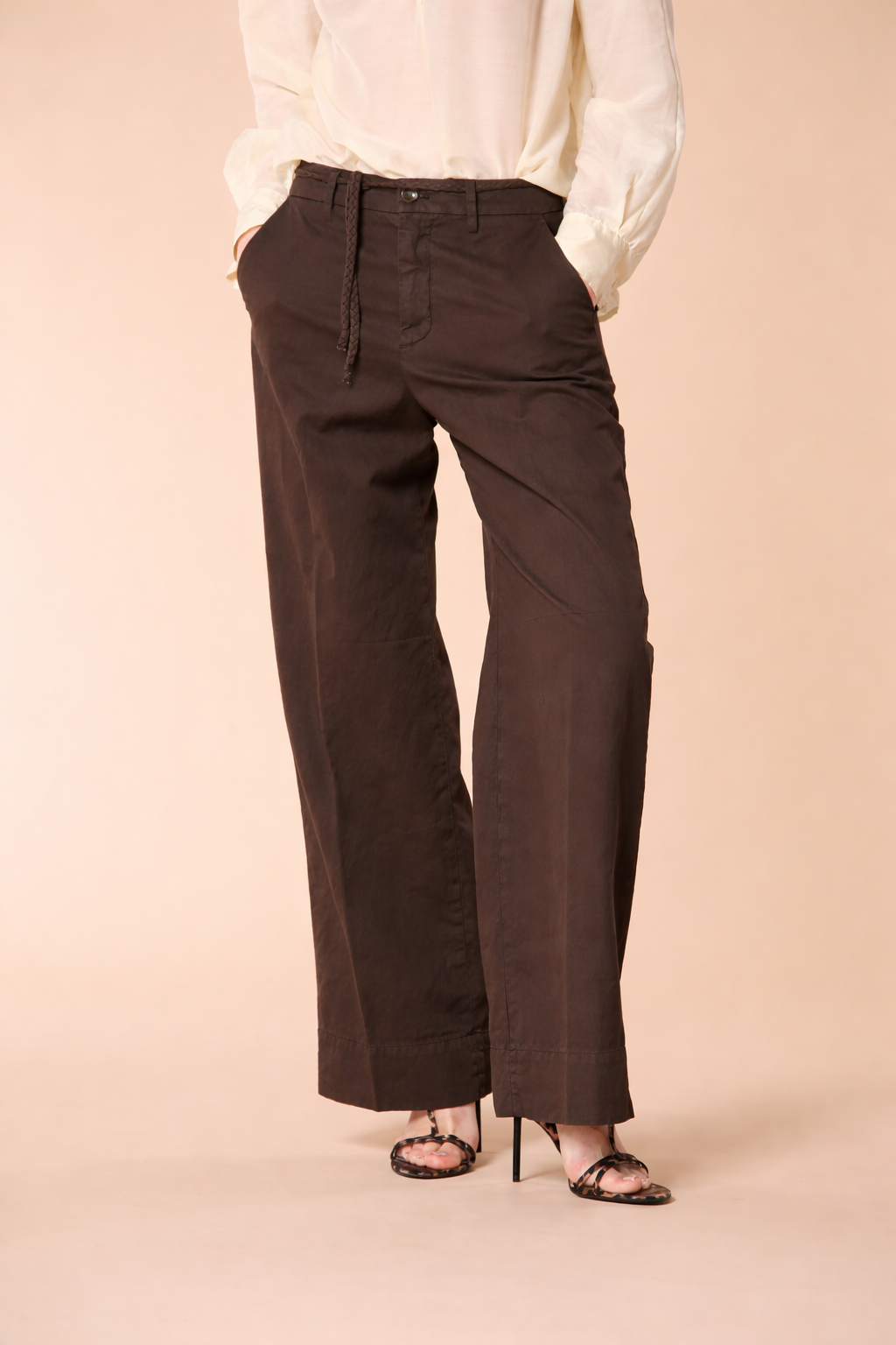 New York Studio pantalon chino femme en sergé de coton et lin wide leg