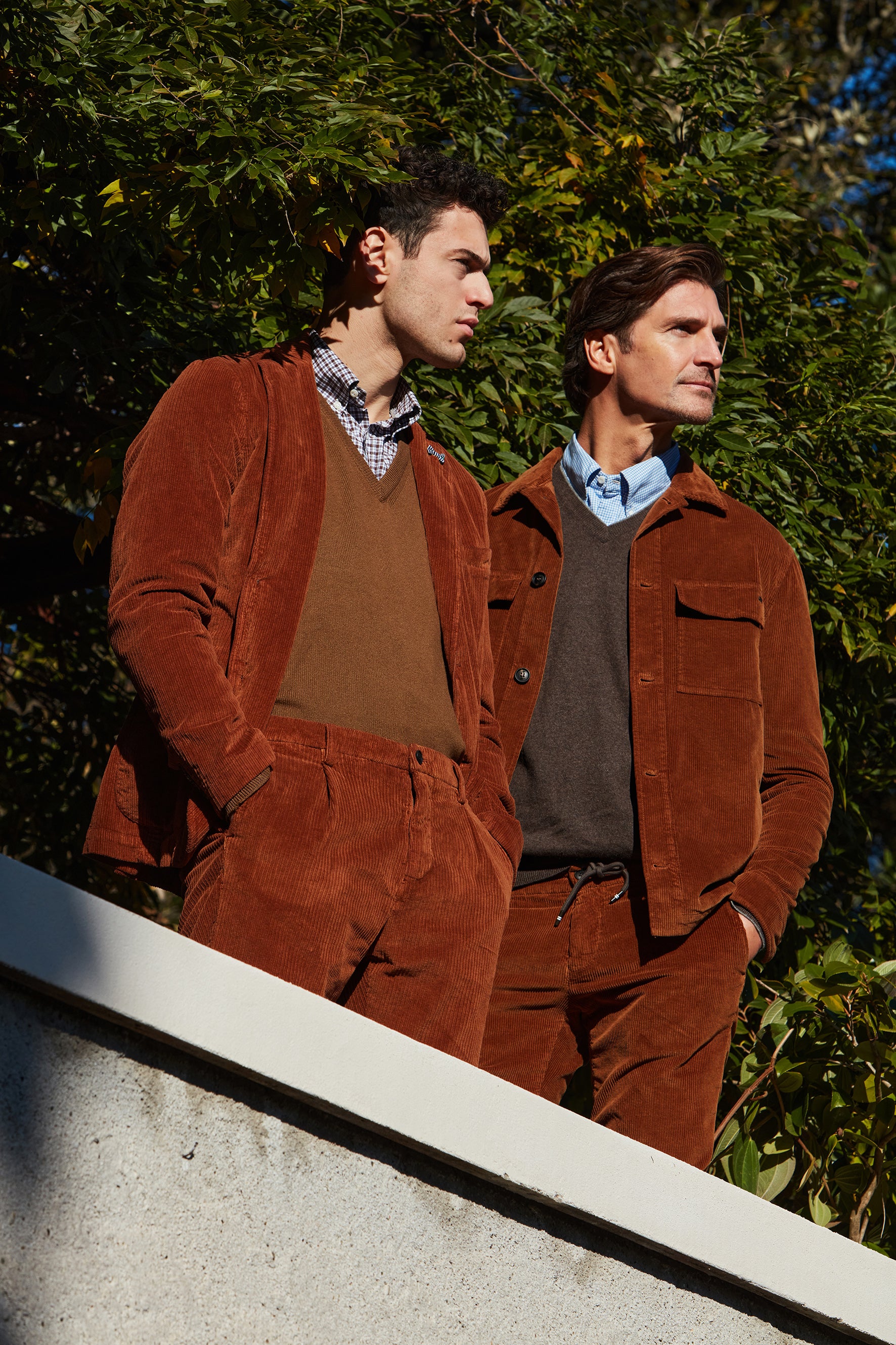 Mason's men's winter outfit featuring rust corduroy suit and jacket