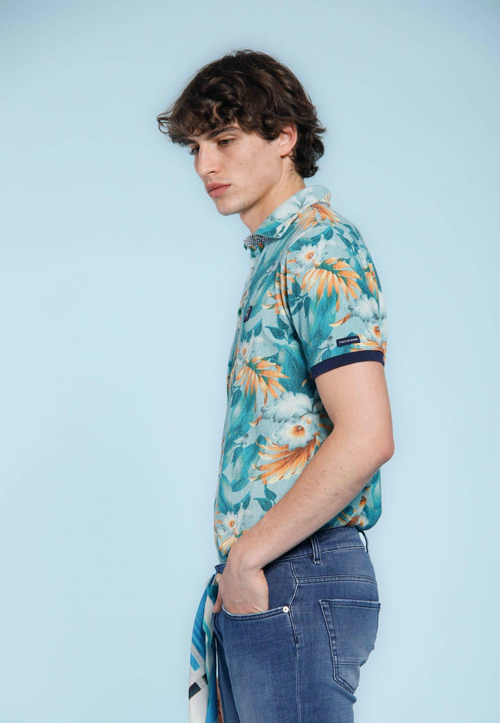 Print man polo shirt in cotton with flower pattern and details