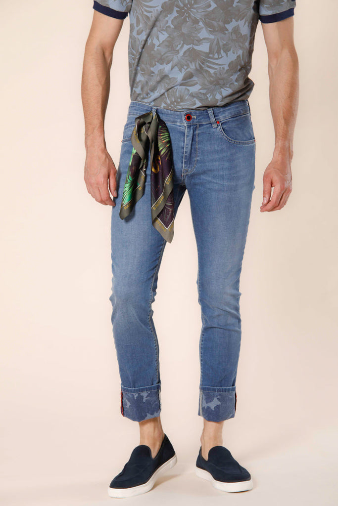 Harris 5 pockets men's pants in stretch denim with hawaii flower pattern slim