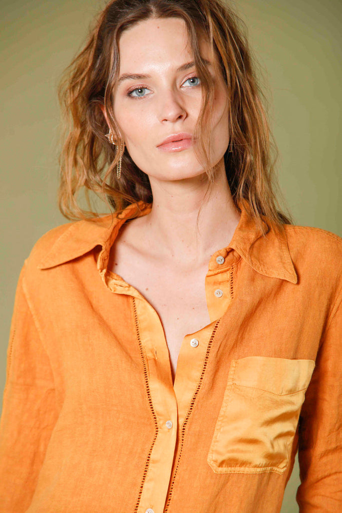 image 2 of woman's long sleeve shirt in linen nicole patch model in orange by mason's