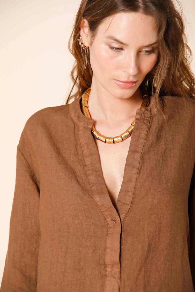 image 2 of woman's long sleeve shirt in linen with korean collar india model in burn brown by mason's 
