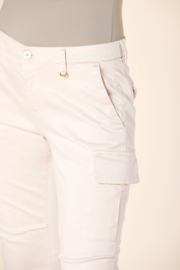 Image 2 of women's cargo pants in pastel pink colored stretch satin Chile City model by Mason's