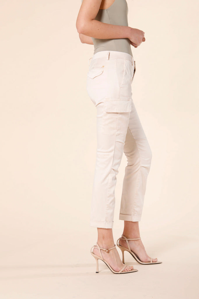 Image 4 of women's cargo pants in pastel pink colored stretch satin Chile City model by Mason's