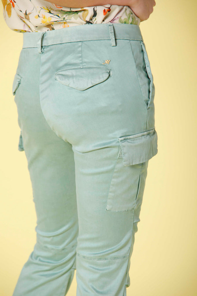Image 3 of women's cargo pants in mint green colored stretch satin Chile City model by Mason's