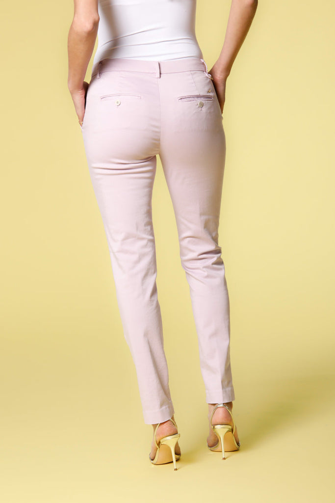 Image 3 of women's chino pants in wisteria colored stretch satin New York Slim model by Mason's