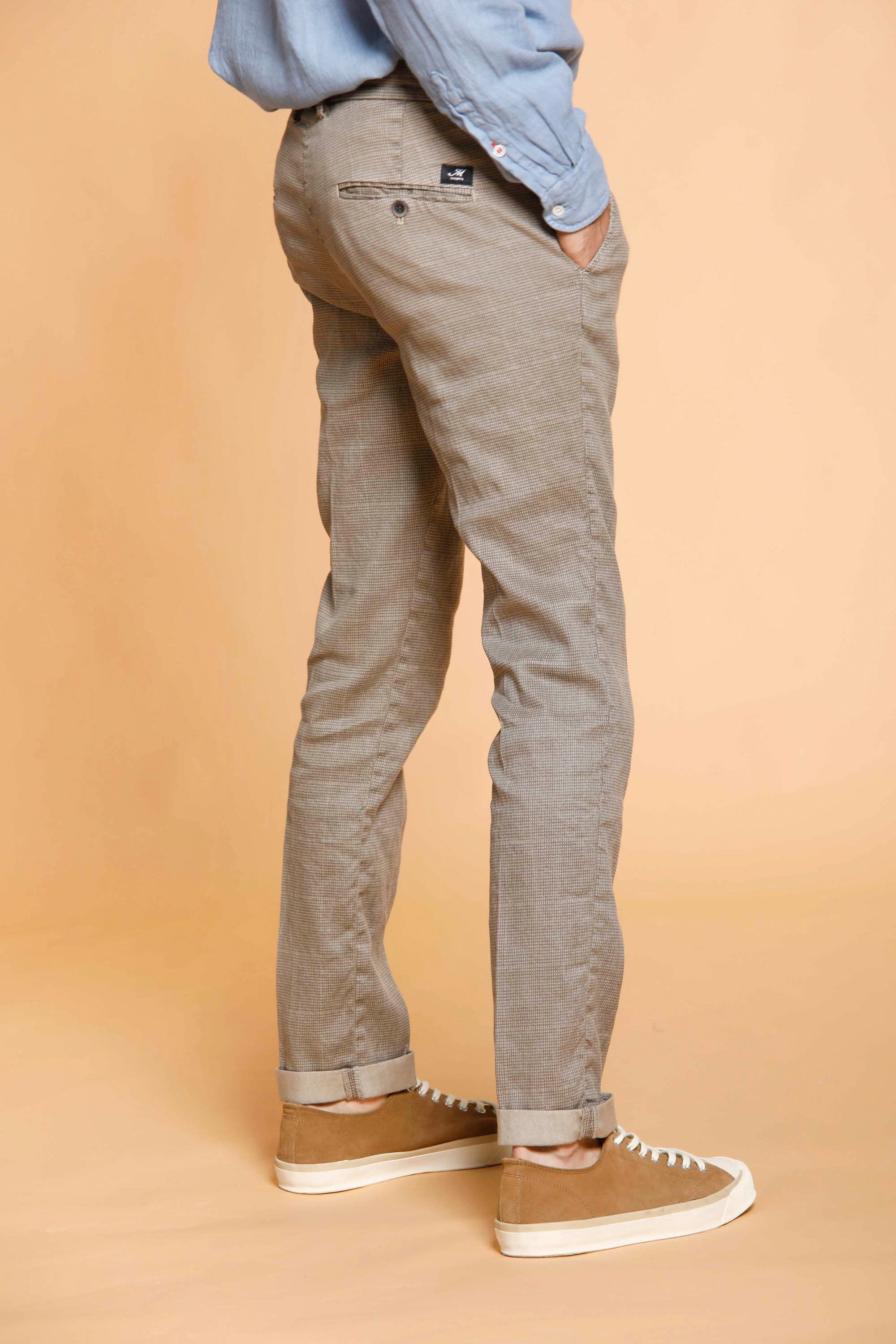 Torino Style Pantalon chino homme en lin et coton  micro motif slim fit