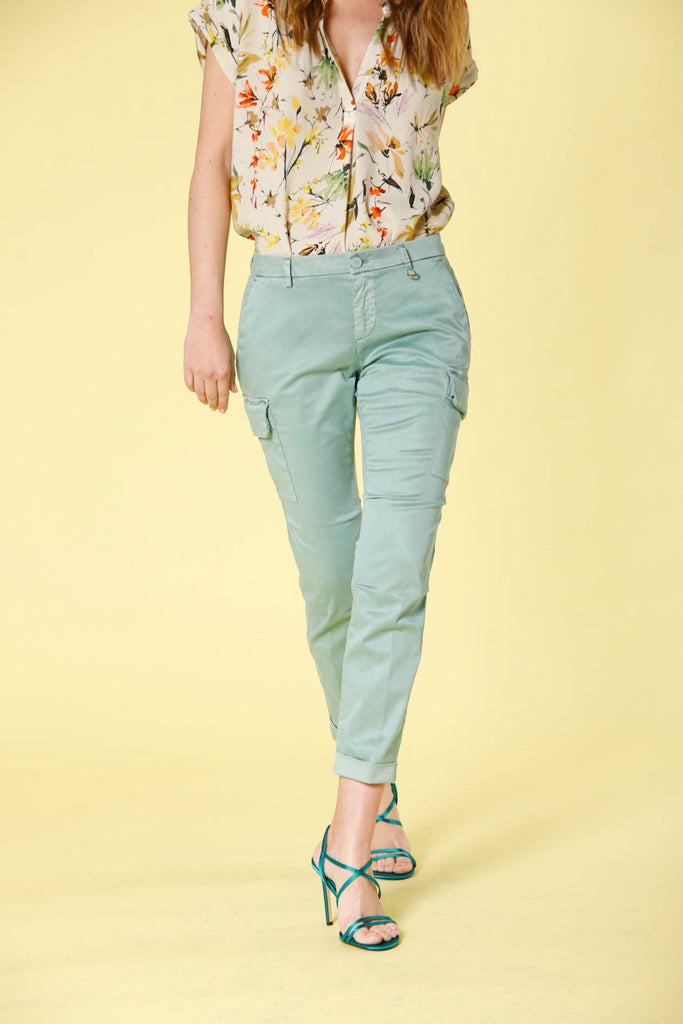 Image 1 of women's cargo pants in mint green colored stretch satin Chile City model by Mason's
