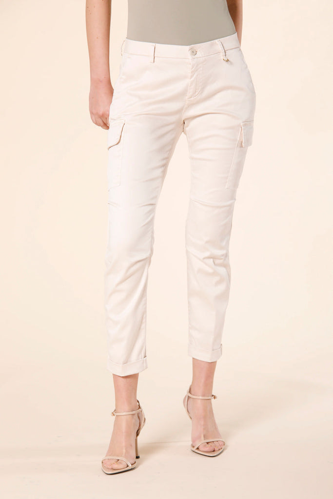 Image 1 of women's cargo pants in pastel pink colored stretch satin Chile City model by Mason's