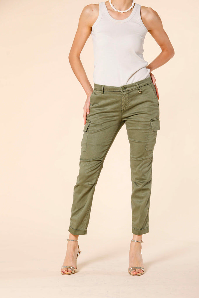 Image 1 of women's cargo pants in green colored stretch satin Chile City model by Mason's