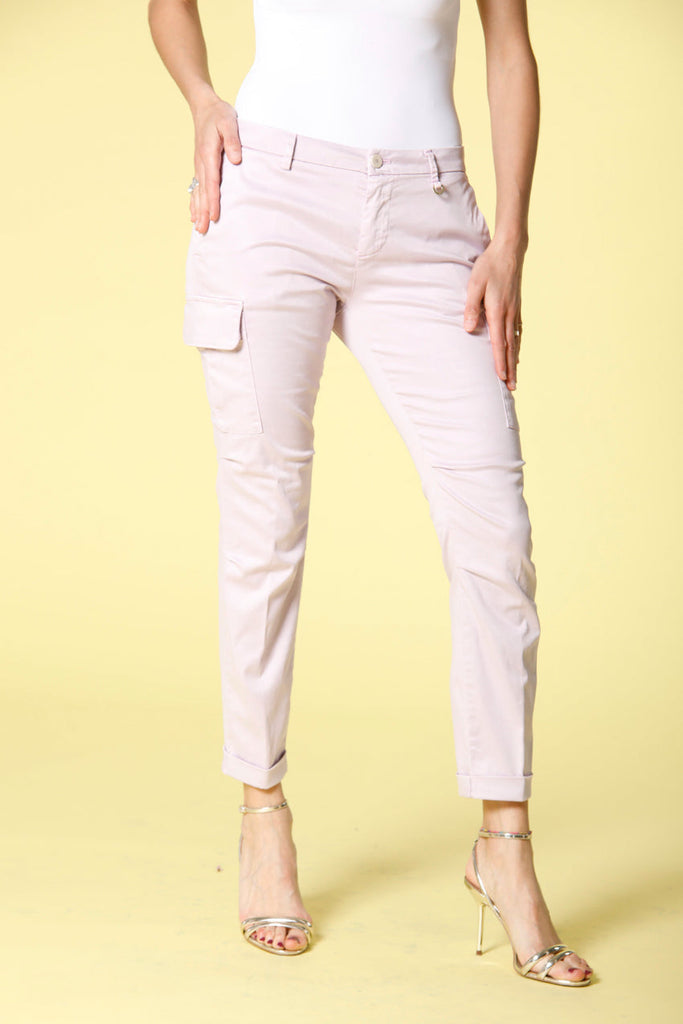 Image 1 of women's cargo pants in wisteria colored stretch satin Chile City model by Mason's