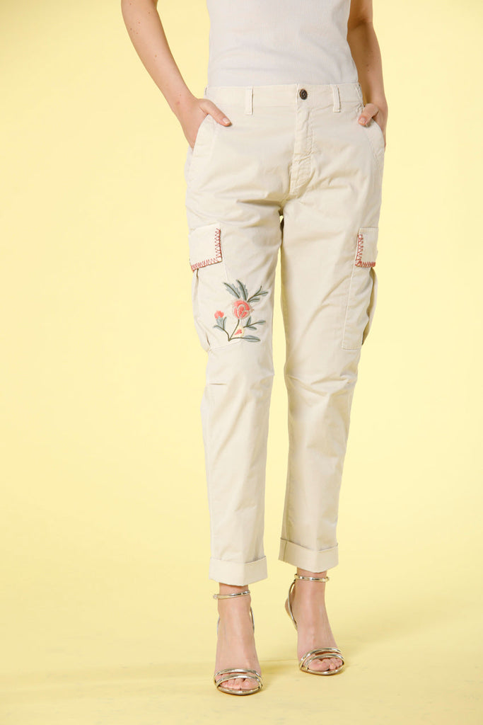 Image 1 of women's cargo pants in butter colored cotton twill with embroidery Judy Archivio model by Mason's