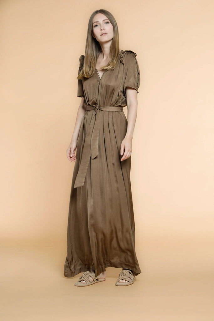 Kim woman long dress in viscose with short sleeves belt and details