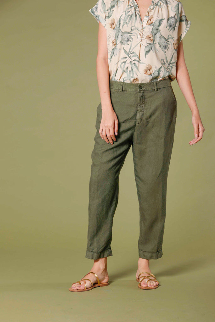 Image 1 of women's chino jogger pants in green colored tencel and linel mat fabric Linda Summer model by Mason's 