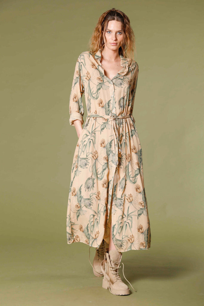 image 1 of woman's long dress in popeline with flower pattern nicole dress model in dark kaki regular fit by mason's 