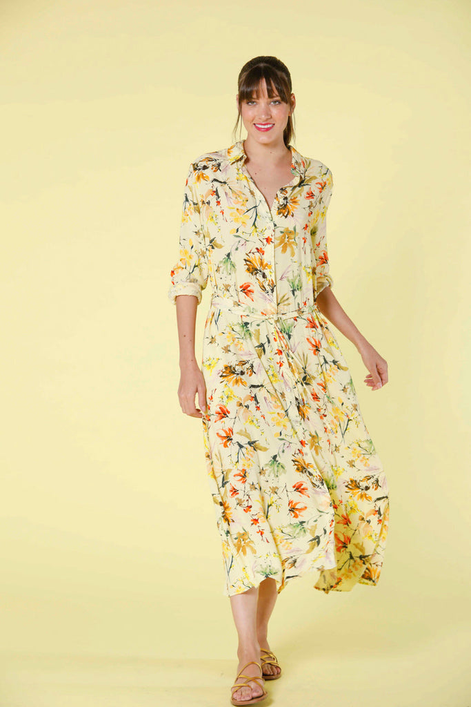 image 1 of woman's long dress in popeline with wildflowers pattern nicole dress in light yellow regular fit by mason's 